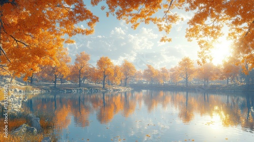 Stunning detail reflection of the golden and orange katsura trees around the natural round lake, autumn, sun, realistic photo