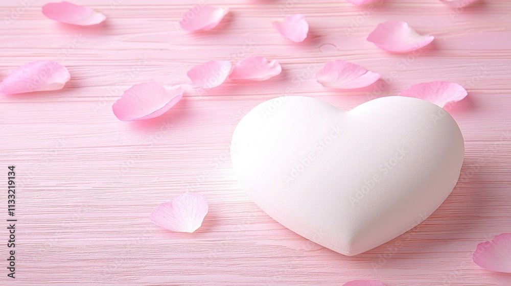 Fototapeta premium Romantic White Heart with Pink Rose Petals on Pink Wooden Background