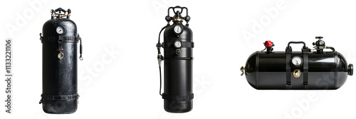 Black scuba diving tank with pressure gauge and valves on a transparent background