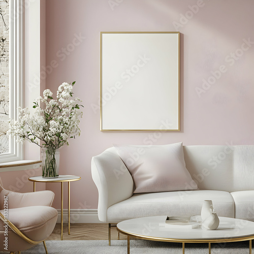 Elegant Living Room Interior, Modern Sofa and Blank Frame Mockup on Pink Wall