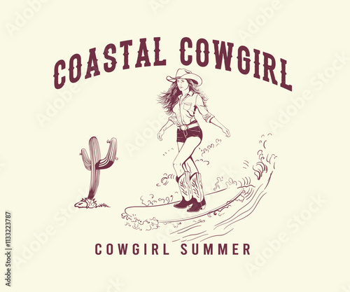 Coastal cowgirl vector design, Cowgirl in hat surfing vector art, Cowgirl summer vintage artwork for t shirt, poster, graphic print 