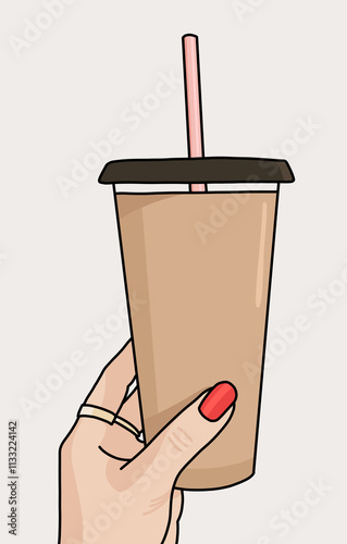 Iced Coffee Cup with Straw on a Minimalist Background Illustration photo