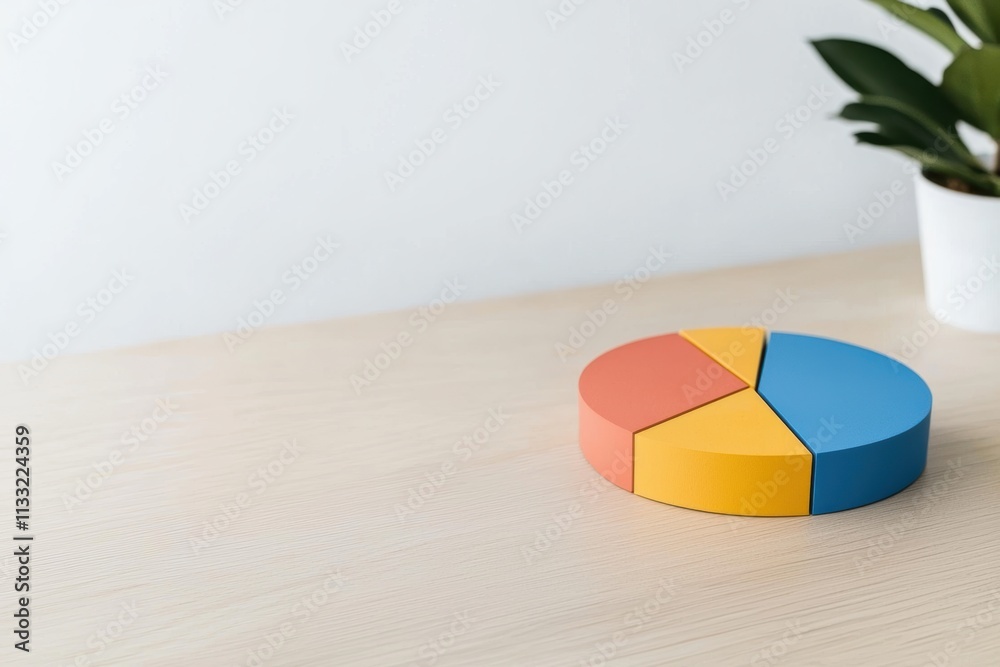 Fototapeta premium A colorful pie chart sits on a wooden table next to a potted plant, symbolizing data visualization and analysis.
