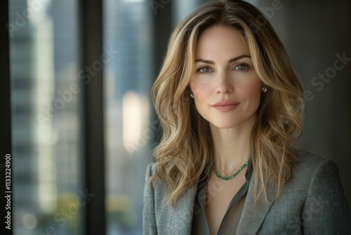 Portrait of a confident woman with long wavy hair, wearing a grey blazer and a green necklace, set against a blurred cityscape backdrop.