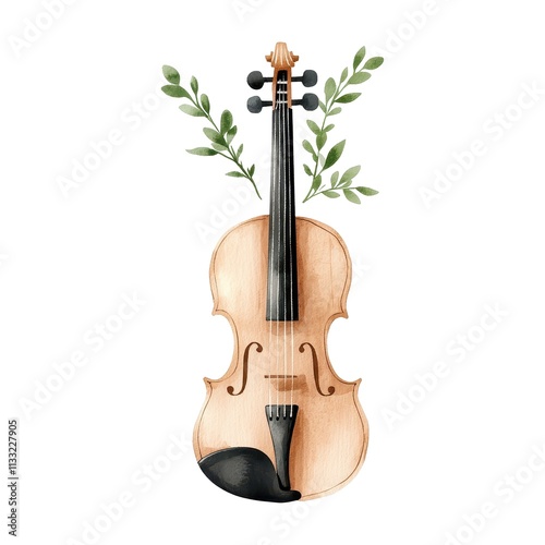 Watercolor Violin with Greenery, Elegant Musical Instrument Illustration, Isolated on White Background Cutout