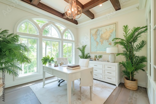 A modern coastal home office with white furniture, a nautical map on the wall, and a potted palm photo