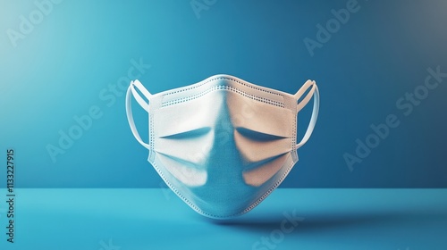 Pollution Mask on Blue Background White Mask Representing Health and Safety in Environmental Protection and Air Quality Awareness Campaigns photo