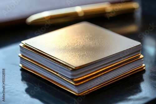 A stack of gold-edged notebooks sits on a dark surface, near a gold pen. photo