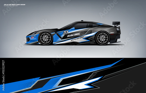 Racing Car sport car branding with racing wrap decal or livery design. Abstract racing graphics black blue backround. Editable vector template