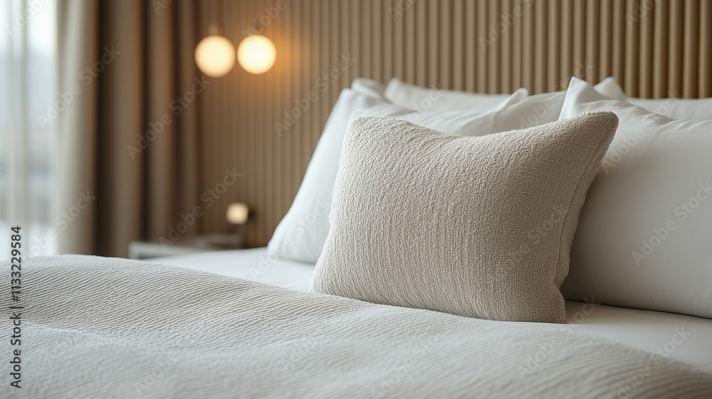 Obraz premium Minimalist beige bed frame with white linens and fluted wood accent wall