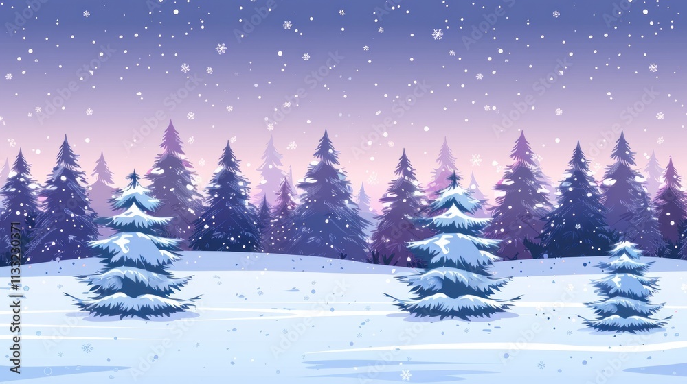 Obraz premium Snowflakes drift softly through a serene winter scene with evergreen trees and a twilight sky