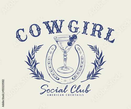 Cowgirl social club vintage design, Vintage western cowgirl artwork for t shirt, sweater, screen print, cocktail glass and horse shoe logotype design  
