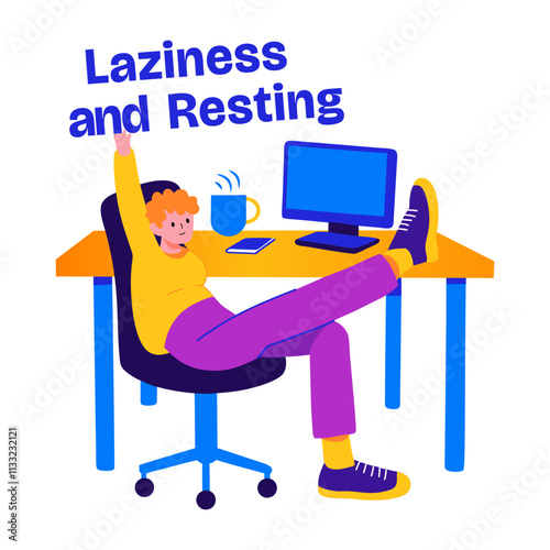 A flat sticker of a character with laziness and resting typography 