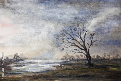 Big leafless tree on pond shore and meadow with distant tree under storm sky. Monochrome hand painted watercolor landscape background