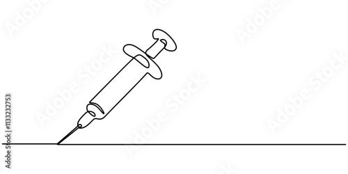 Vaccine. Insulin. Coronavirus. One line drawing. Vector illustration continuous line drawing, Insulin syringe, injection, vaccination, medical supplies, equipment one line art. Continuous line drawing