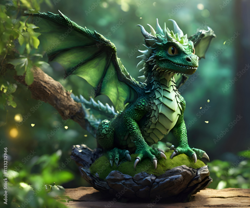 adorable dragon kid posing at wooden log. Digital artwork. AI generated