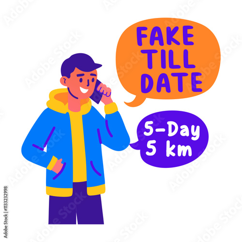 A flat sticker of a character with fake till date typography 