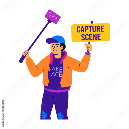 A flat sticker of a character holding a board written capture scene on it 