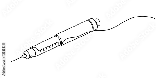 Vaccine. Insulin. Coronavirus. One line drawing. Vector illustration continuous line drawing, Insulin syringe, injection, vaccination, medical supplies, equipment one line art. Continuous line drawing