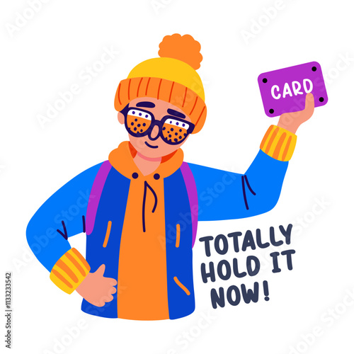 A flat striker of a character holding a card with hold it typography 