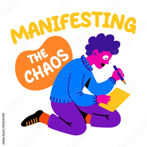 A flat sticker of a man writing on a paper with manifesting typography 