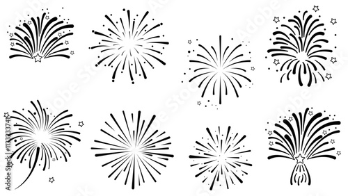 set of fireworks black and white fireworks vector set, includes various firework shapes, starburst, celebration designs isolated on white stars Independence Day happy new year holiday