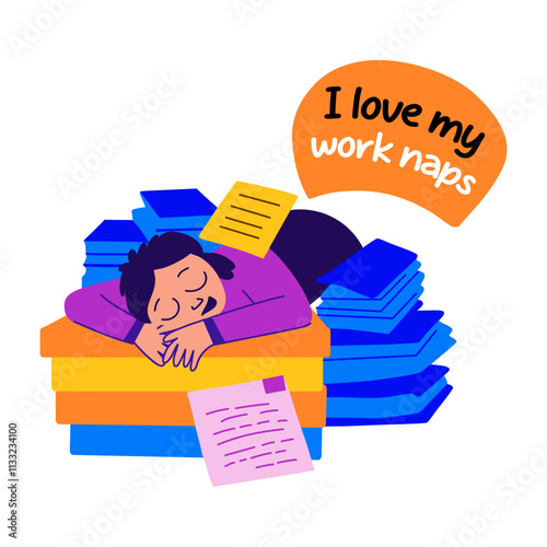 A flat sticker of a sleeping character on a table with work naps typography 