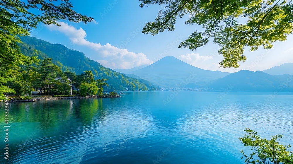 Fototapeta premium Mount Fuji with a lake reflection, a blue sky, winter background
