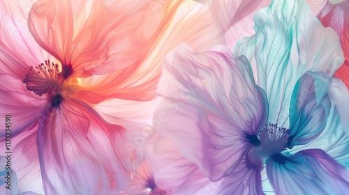 Translucent flowers blend in shades of pink and blue, creating a dreamy, colorful backdrop
