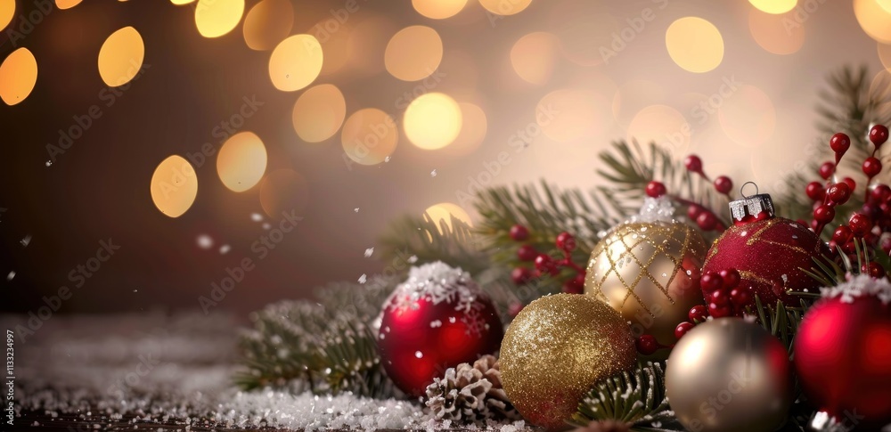 Obraz premium Colorful ornaments with greenery and snow create a festive holiday vibe