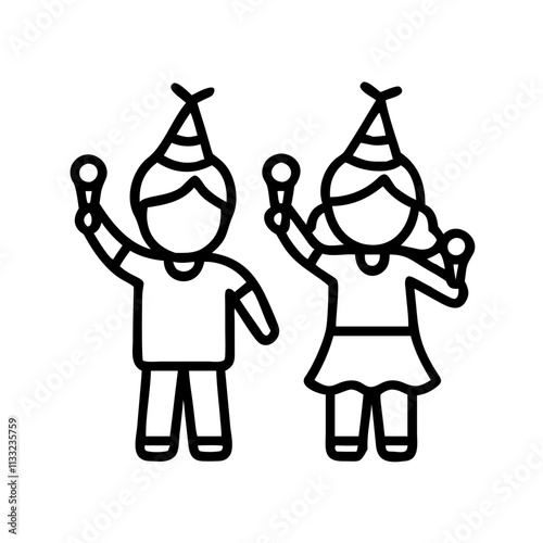 kids with party favors icon, children’s day line art, children icon - simple black line art icon of kids with party favors for children’s day topic celebrations. children vector art.