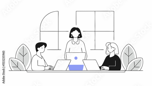 Three people are sitting around a table with laptops, engaged in a discussion. The scene is minimalist, with plants and a window in the background. AI generated.