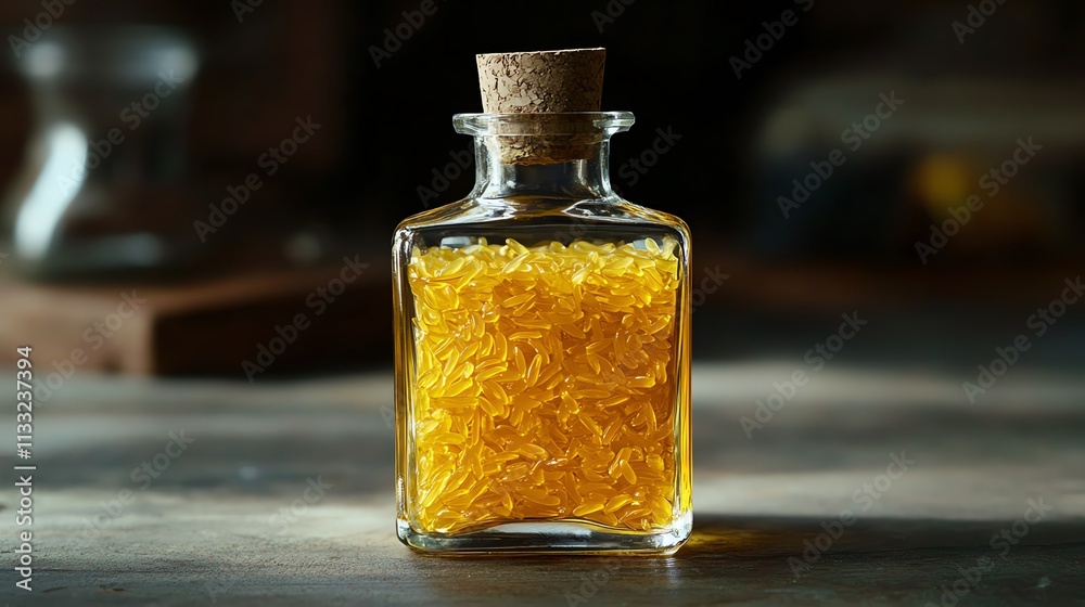A bottle filled with golden grains on a rustic wooden table. A bottle filled with golden grains on a rustic wooden table.