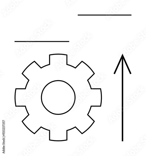 Gear and upward arrow vector with simplistic lines. Ideal for technical progress, innovation, business growth, industrial improvement, productivity optimization, mechanical development, engineering