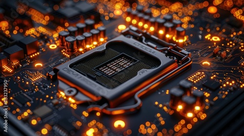 A close-up of a computer motherboard with a CPU socket and glowing circuitry. photo