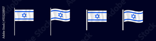 Four israeli flags with blue stars of david are shown on poles, waving in different positions.