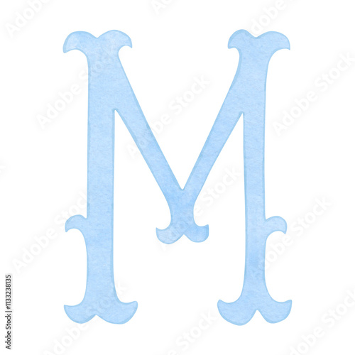 Watercolor vintage blue letter M, alphabet for crest design, initials