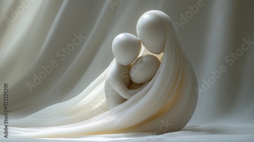 Abstract sculpture of a mother and child embracing, gracefully formed with soft materials and flowing lines, conveying love, warmth, and connection in a serene setting