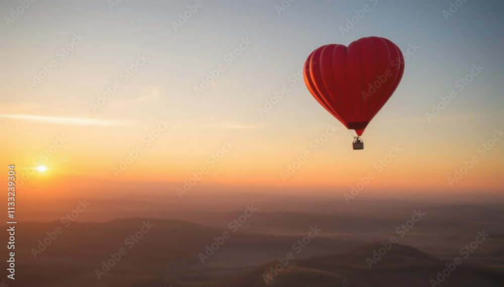 Fototapeta premium Red hot air balloon in the shape of heart fly high in sky. Morning romantic skyscape. Valentine's day concept, copy space