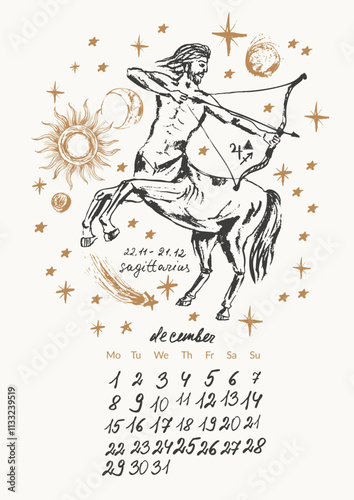 November month calendar with hand drawn scorpio zodiac signs illustration, planets, sun, moon, stars.