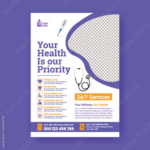 Adobe IllustraModern A4 editable print flyer or poster template for Medical Healthcare Flyer Poster Layout, Doctor Consultant Flyer or poster, Hospital Flyer Poster design, Home Health Care flyer