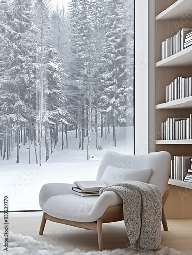 Cozy Home Library with Large White Soft Armchair and Blanket, Snowy Pine Trees Outside the Window, Creating a Winter Comfort Atmosphere