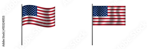 Two american flags are shown side by side, featuring the iconic stars and stripes design.