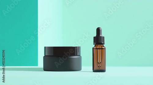 Stylish skincare products on a modern, mint green background. photo