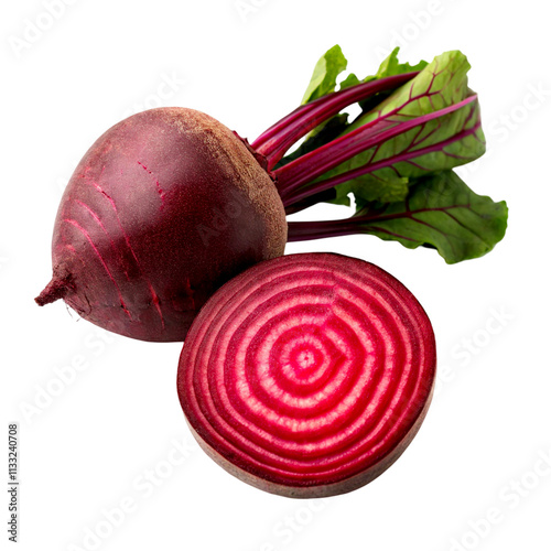 Fresh organic beetroot isolated on white background, vibrant purple slice with leaves, health food photo PNG with transparent background, perfect for herbal medicine, vegetarian diets, and ads downloa photo