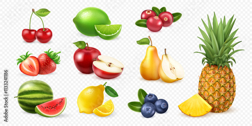 Realistic collection fresh fruits and berries with cherry, lime, cranberry, strawberry, apple, pear, watermelon, lemon, blueberry, pineapple isolated on a transparent background.