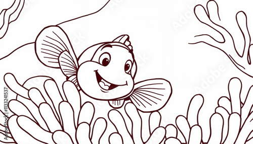Cartoon clownfish in coral reef line art illustration
