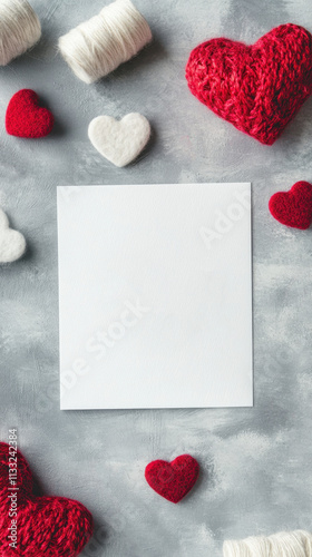 Creative flat lay of a blank postcard surrounded by red hearts cozy indoor environment photography concept for love messages photo