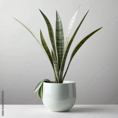  a Snake Plant  in a light blue ceramic pot. The Snake Plant is known for its upright, sword-shaped leaves with distinctive variegation.AI generated photo