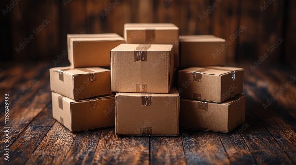 Fototapeta premium A stack of cardboard boxes sits on a dark wooden floor. The boxes are taped shut and ready for shipping or storage. The warm lighting and rustic setting create a cozy, inviting atmosphere.